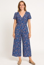 Yumi Kim Floral Wide Leg Jumpsuit Size 10  Blue Multi V-Neck Short Sleeve 