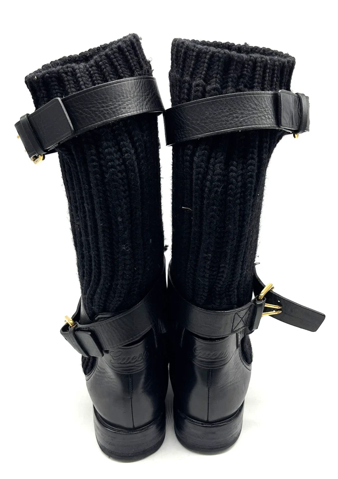 Bota de motociclista Gucci de cuero negro/tejido grueso con hebilla dorada logotipo GG a mitad de la pantorrilla talla 39,5 Foto 4 de 4