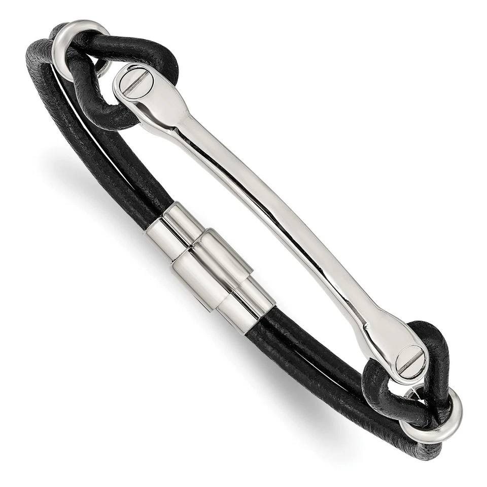 Pulsera de identificación Cincel de acero inoxidable pulido de cuero negro de 7,5 pulgadas SRB1353 Foto 4 de 4