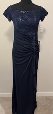 NWT Alex Evenings Sequin Embellished Formal Long Navy Gathered Gown Size 4