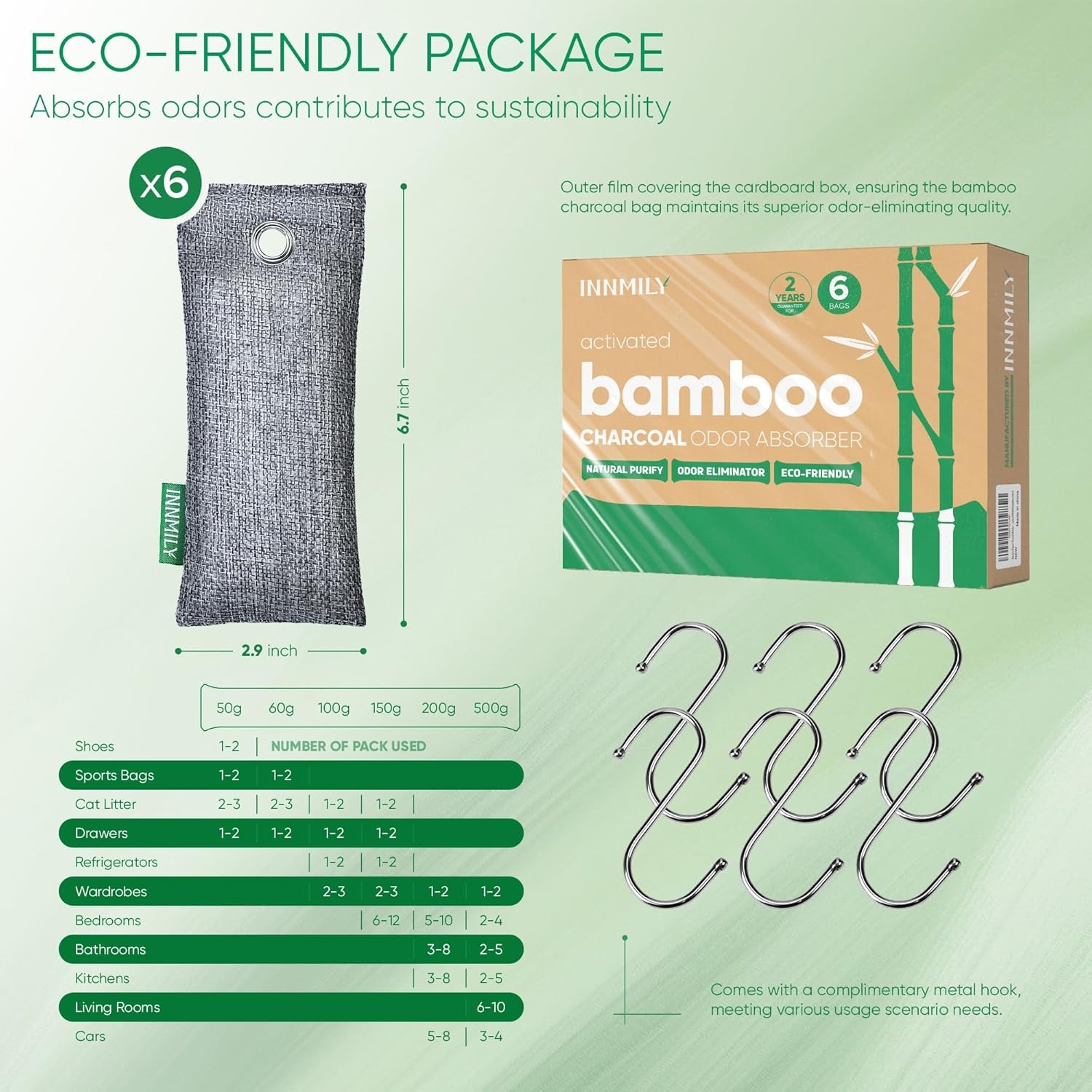 Activated Charcoal Odor Absorber,6 Pack Nature Odor Eliminator for Shoes, Bamboo