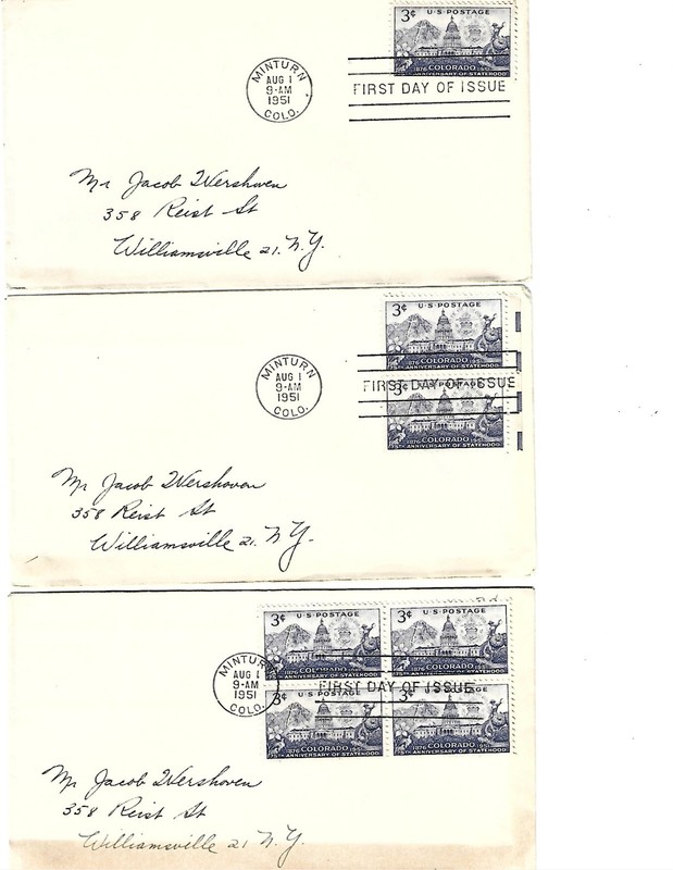 Three First Day covers Scott #1001 Colorado Capitol and Mount Holly Cross 1951