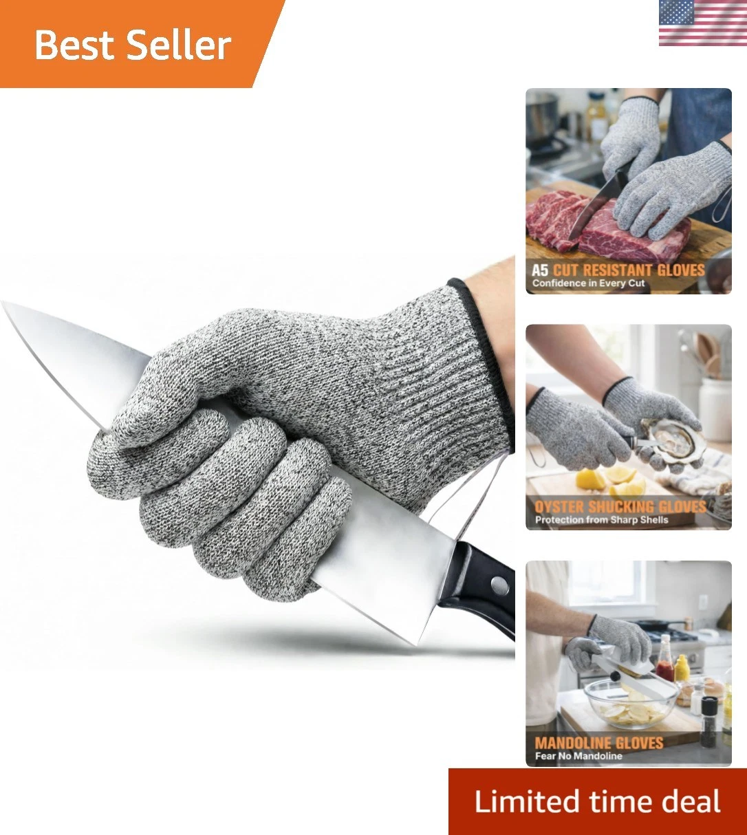 Cut Resistant Gloves, Level 5 Food-Grade & Fiberglass-Free Mandoline Gloves f...