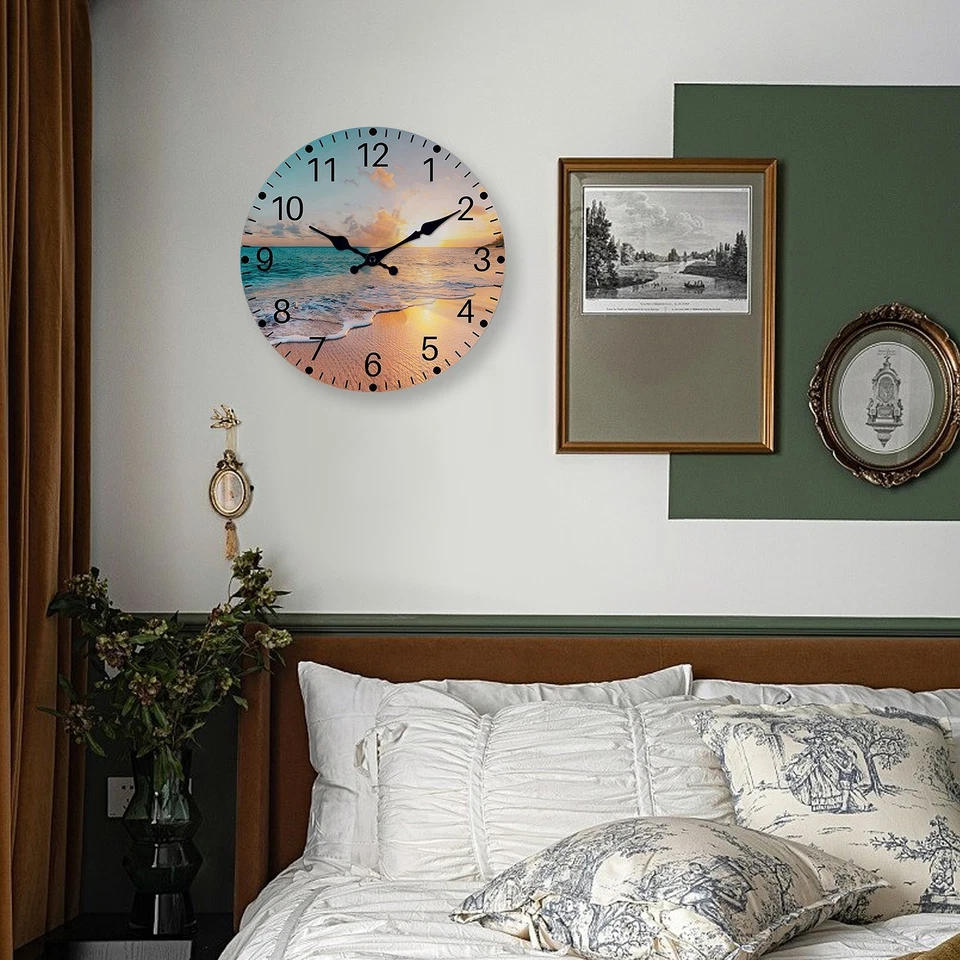 12 Inch Sunset Beach Wooden Wall Clock Silent Quartz Clock No Ticks - Image 4 of 4