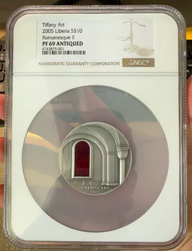 Tiffany Art NGC PF 69 ANTIQUED 2005 Liberia S$10 Romanesque II Collectible Coin
