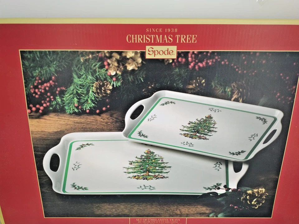 CHRISTMAS SERVING TRAYS W TREES-SPODE MELAMINE PIMPERNEL SET OF 2- RECTANGLE NIB - Image 2 of 4