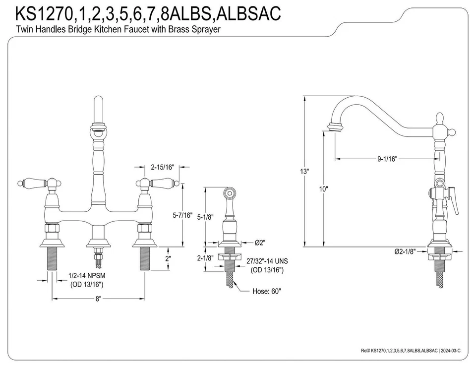 Grifo de cocina Kingston de latón KS1271PLBS Heritage Bridge, 8-3/4 pulgadas, pulido C Foto 3 de 4