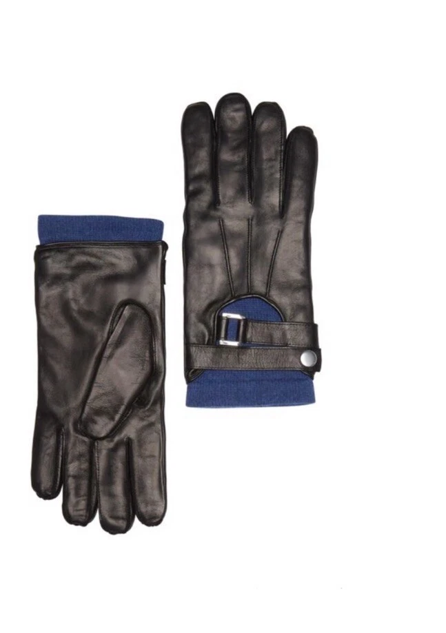 PORTOLANO HALF MOON BUCKLE DETAIL MENS NAPPA LEATHER GLOVES BLACK BLUE MED NWT