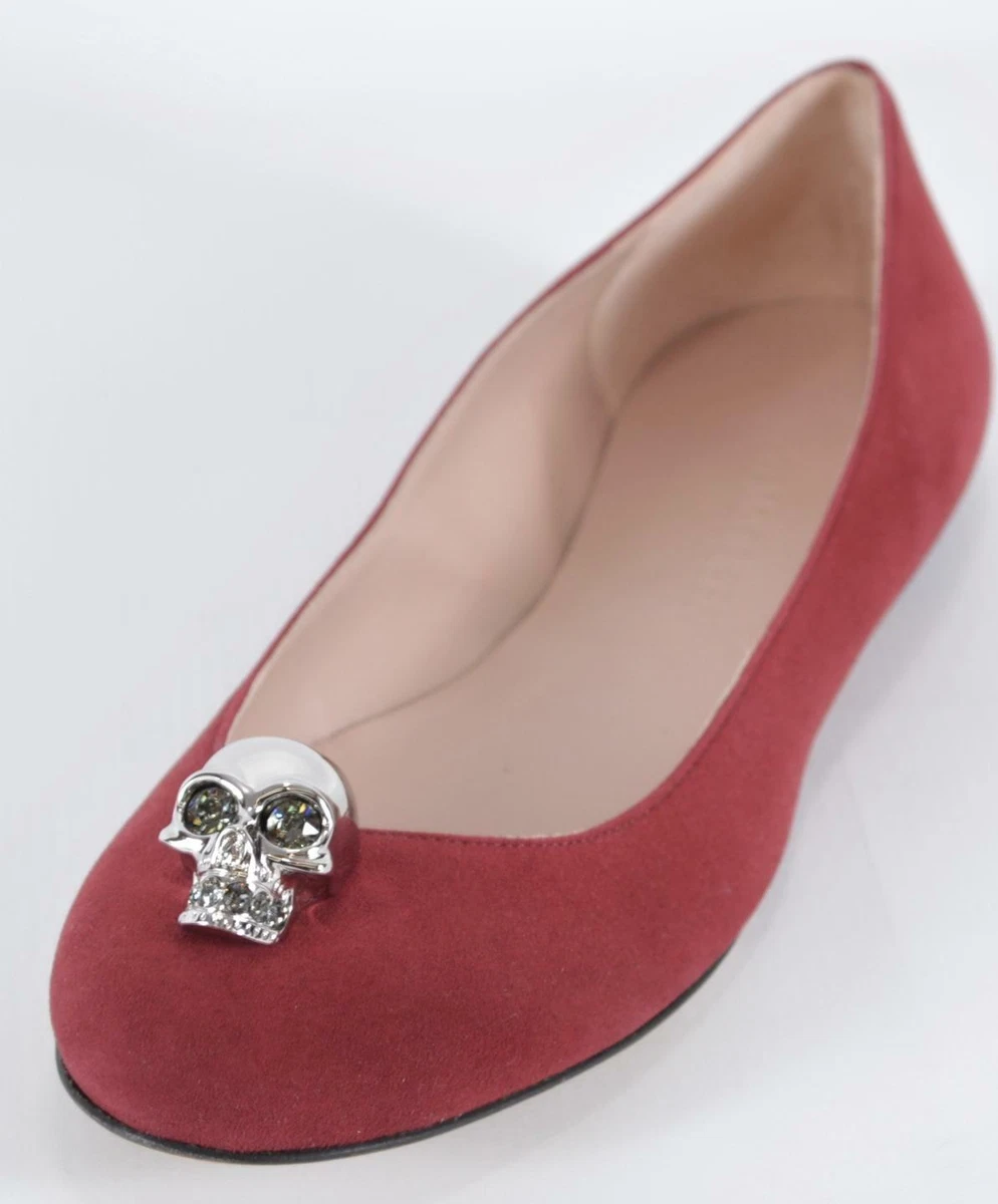 New Alexander McQueen Burgundy Suede SKULL Hardware Ballet Flats Shoes 40.5 10.5