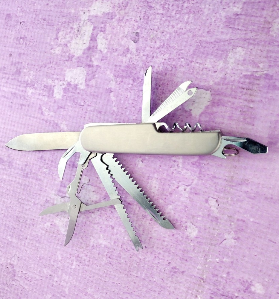 Multi Tool Pocket Knife Silver Stainless Steel 2.5 Inch Folding Black Belt Case
