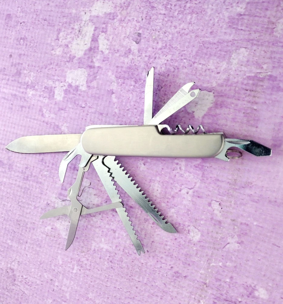 Multi Tool Pocket Knife Silver Stainless Steel 2.5 Inch Folding Black Belt Case