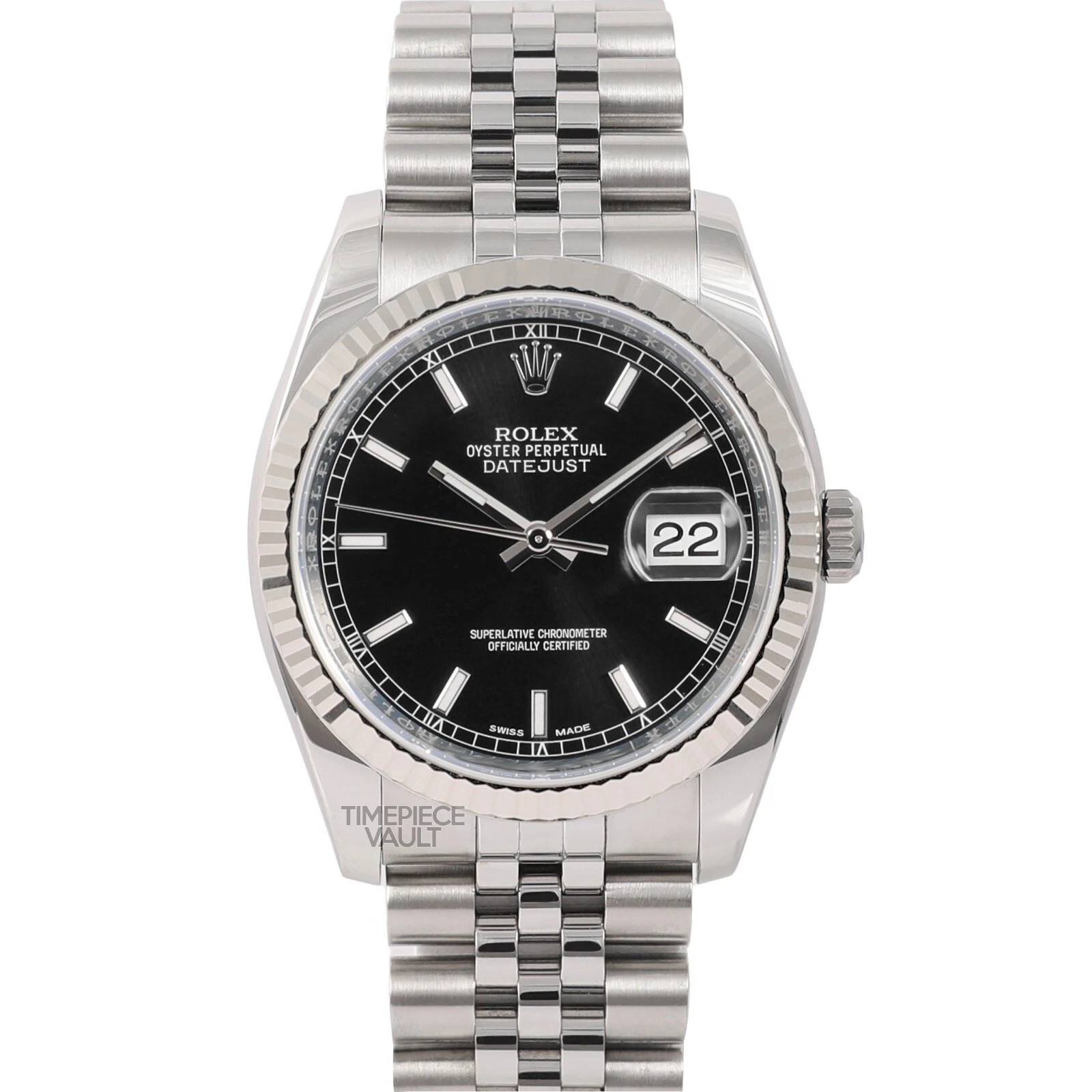 Rolex — ROLEX DATEJUST 116234 STEEL 36MM JUBILEE WATCH BLACK INDEX DIAL 18K FLUTED BEZEL