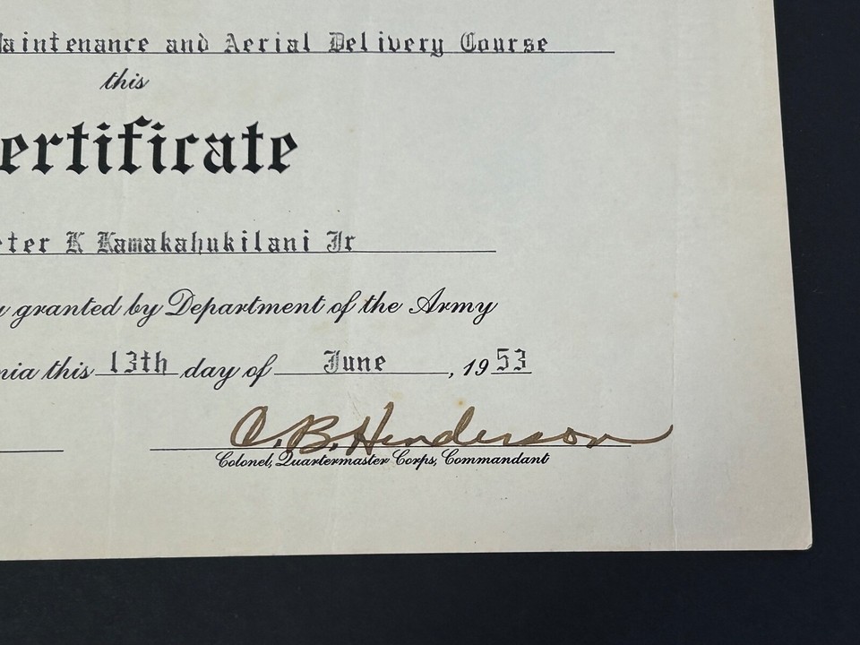 1953 US Army Quartermaster School Parachute Packing Named Certificate