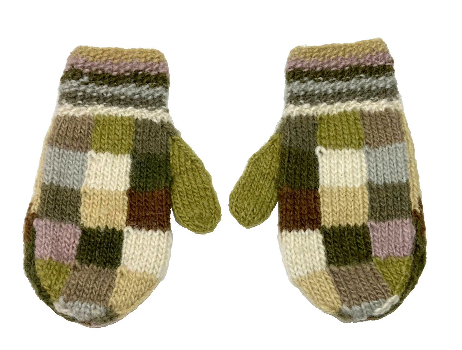 HAND KNITTED COLORFUL GEOMETRIC MITTENS, REVERSES TO A DIFFERENT PATTERN, NEW