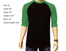 3/4 Sleeve Plain T-Shirt Baseball Raglan Jersey Sports Men's Black Green XL