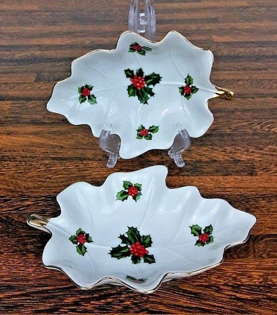 LEFTON Leaf Candy Dish PAIR 2451 Hand Painted Porcelain Christmas