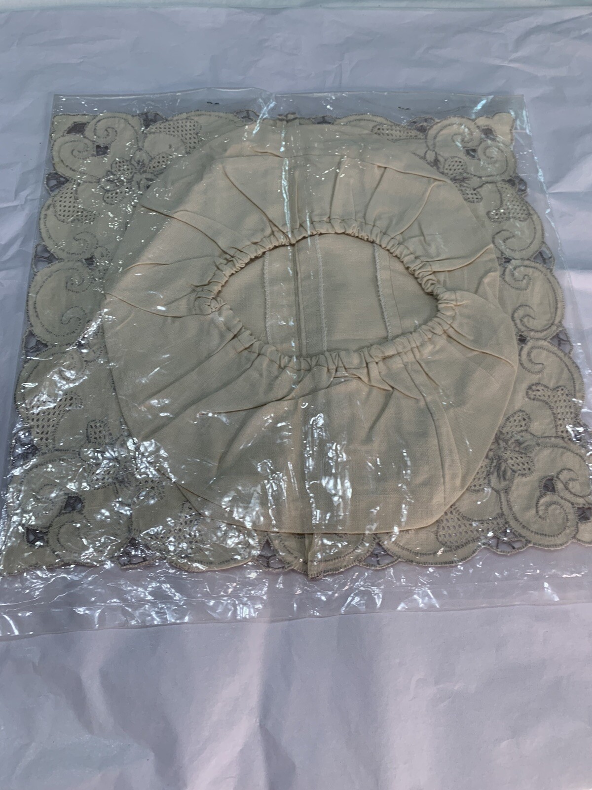 Vtg Embroidered Square Tissue Box Cover Cotton New Old Stock Cream Bathroom Deco