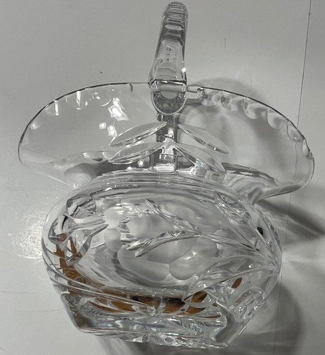 Crystal Cut Glass Basket Etched Floral Design Handle & Edge W/Cut Circle Design - Picture 2 of 9