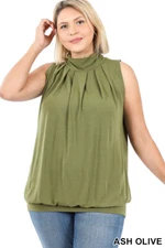 1X 2X 3X Scrunched Mock Turtle Neck Pleated Sleeveless Top Elastic Waist Tank