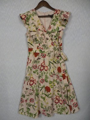 Maggy London Dress Womens 6 Beige Floral Ruffle Wrap Fit & Flare Knee Length