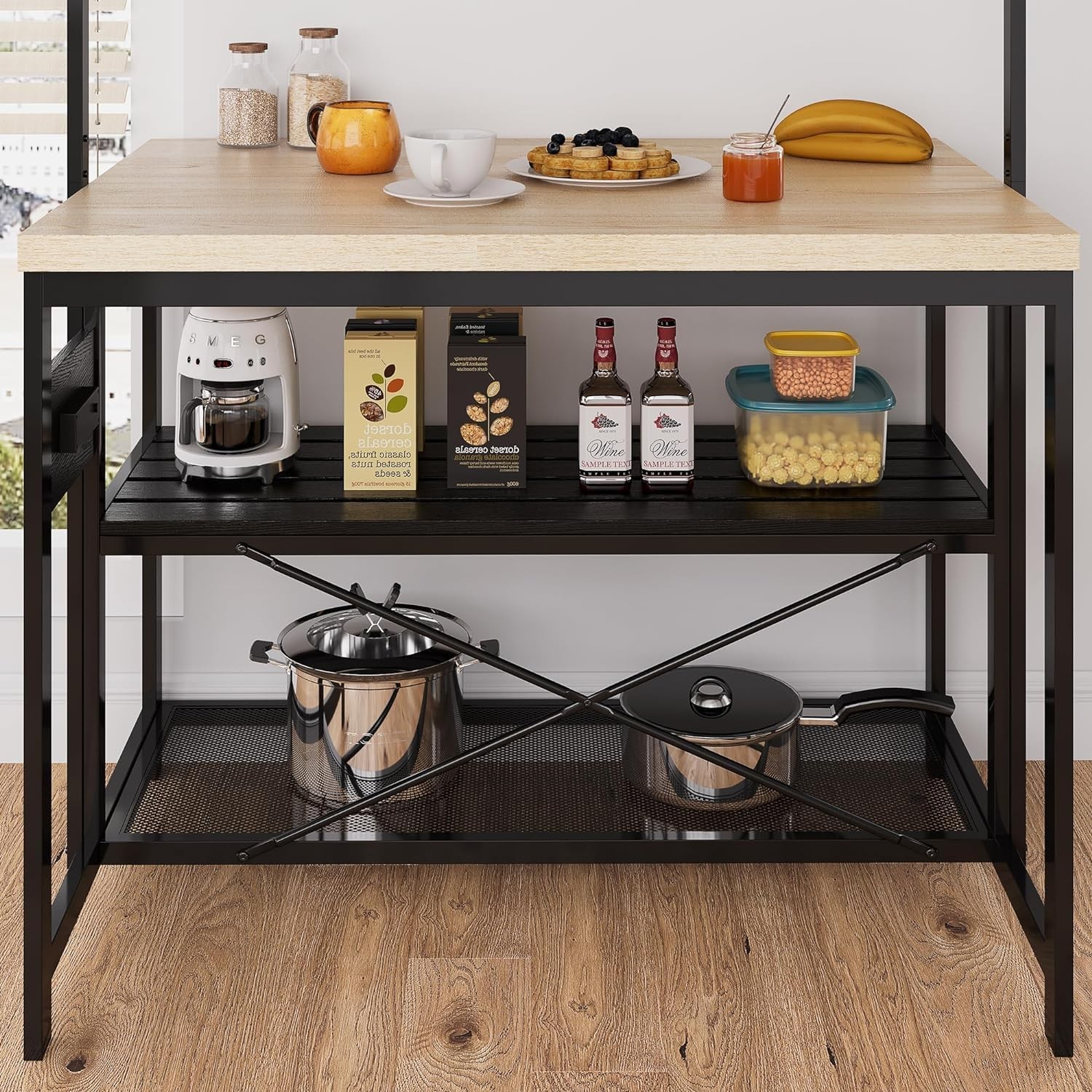 Multi-Functional 42" Bakers Rack Kitchen Island Table with Open Storage & Hooks
