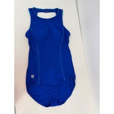 Lands End Womens Blue High Neck Keyhole Back One Piece Swimsuit Sz 8L Long