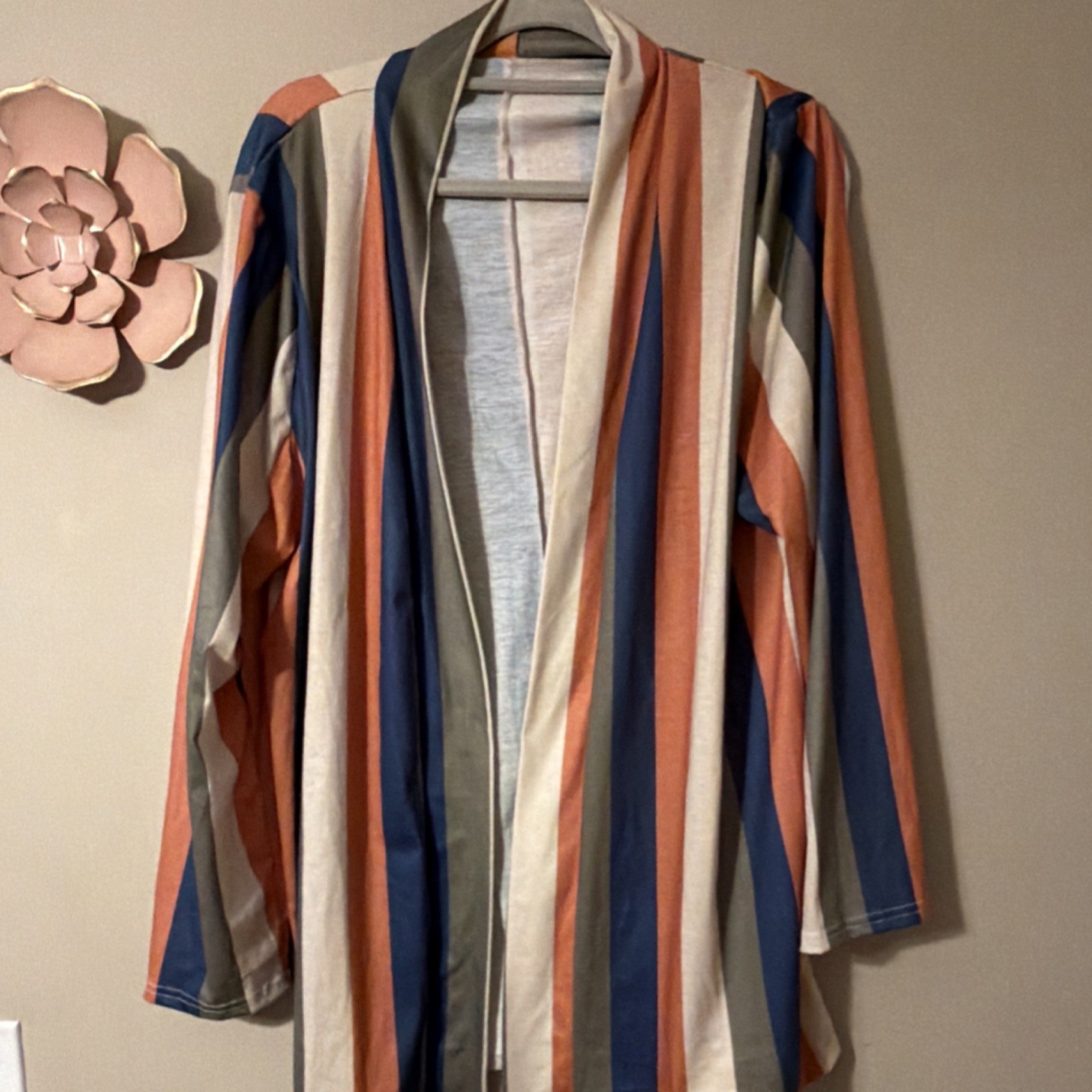 Multicolor Striped Knit Open Front Cardigan Sweater Long Sleeve Women