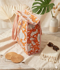 Orange & White Floral Tote Bag with Quilted A...