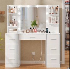 Scrivania da trucco Grande con specchio a luce Led con prese usb/ac 7 cassetti