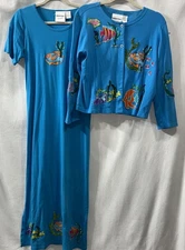 Michael Simon Dress & Jacket Set Women Large Blue Embroidered Fish Maxi Slit Hem