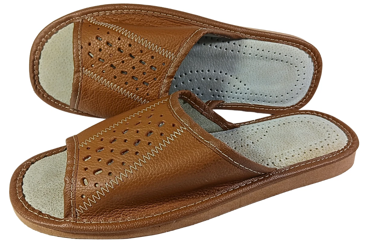 Herren Hausschuhe Rindsleder Pantoffeln Sandalen Braun Schlappen Gr.40-46 Offen