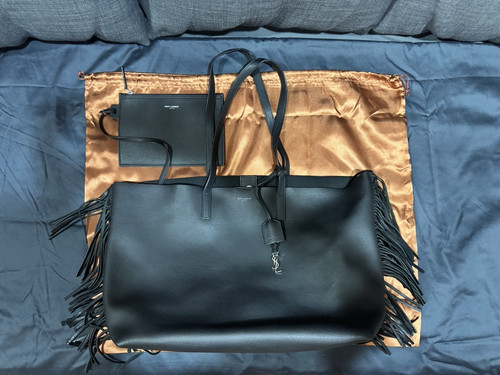 ❤️ YSL Saint Laurent East West Fringe Black Tote Bag Purse w/ Matching Pouch ❤️