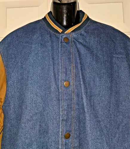 Fourcast Men’s Blue Tan Varsity Jacket Denim Size XL M014A image 2