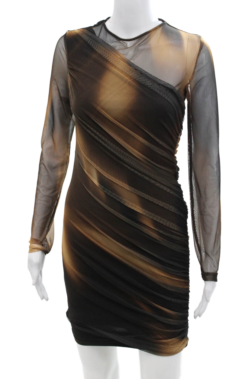 Zara Womens Sheer Rouched Overlay Detail Long Sleeve Mini Dress Brown Size S