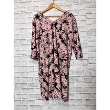 Black Pink Floral Print 3/4 Sleeve V Neck Knee Length Dress Pockets Size XL