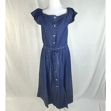 Millenium Womens L Denim Dress Blue Off Shoulder Button Front Tie Waist Prairie