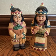 6” Vintage Wooden Hand Carved Native American Indians Thanksgiving Set Folk Art