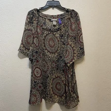 Maggie Barnes for Catherines Tan Navy Floral Crinkle Textured Blouse 5X  Petite