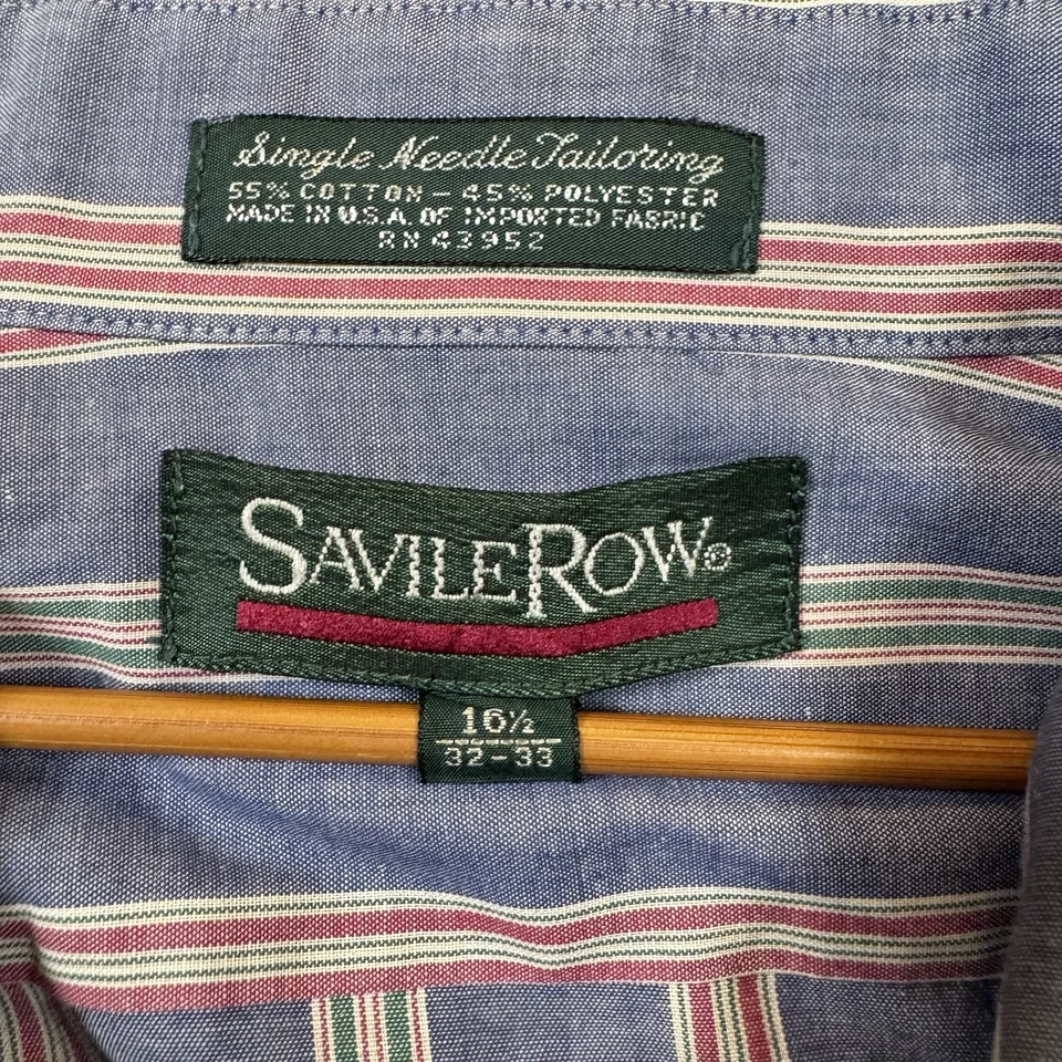 Savile Row Striped Dress Shirt Mens 16.5 32/33 Blue Pink Green Cotton Blend USA - Image 4 of 4