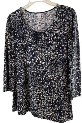 Croft&Barrow Women's 3/4 Sleeve Stretch Black Floral Tunic Blouse Size L