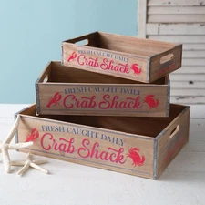 Set Of Three Crab Shack Coastal Crates Driftwood Home Decorative Collectible
