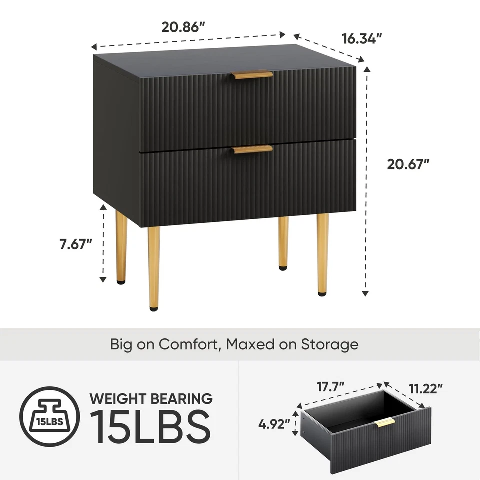 Тумбочка, черная и золотая тумбочка с рифленой панелью, прикроватный столик с... - Изображение 2 из 4