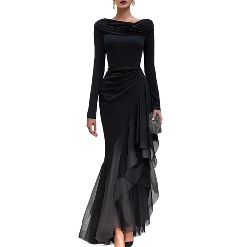 Women's Draped Neck Long Sleeve Mermaid Dress Ruched Mesh Ruffle Formal Gown