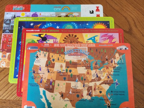 Lot of 4 Crocodile Creek Scrubbable Placemats: Space, US, Dinosaurs, Seek & Find