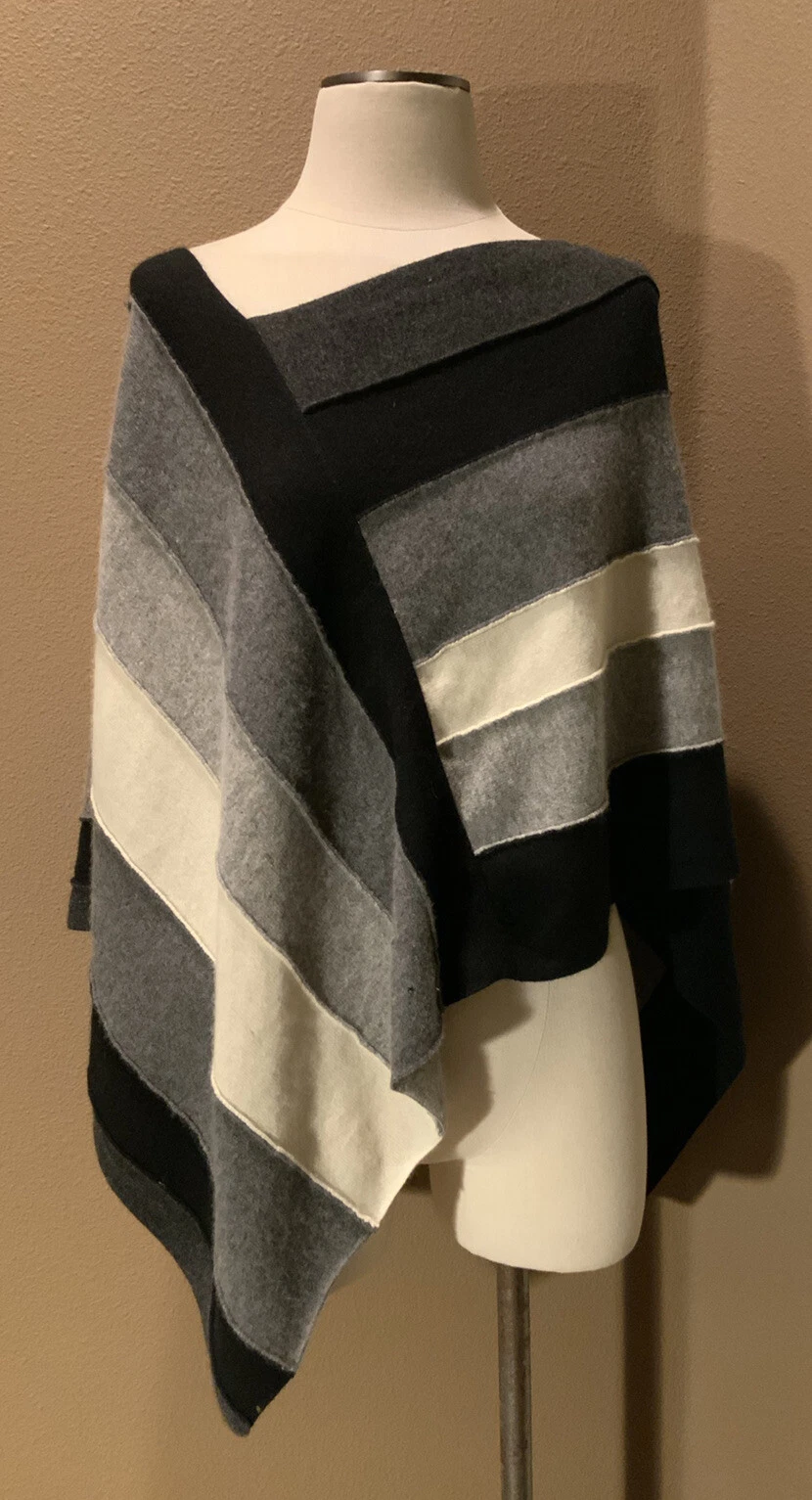 Vince. 100% Cashmere S M L XL Black Gray Ivory Striped Sweater Poncho O/S (flaw)