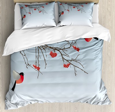 Rowan Duvet Cover Set with Pillow Shams Bullfinch Birds Branches Print