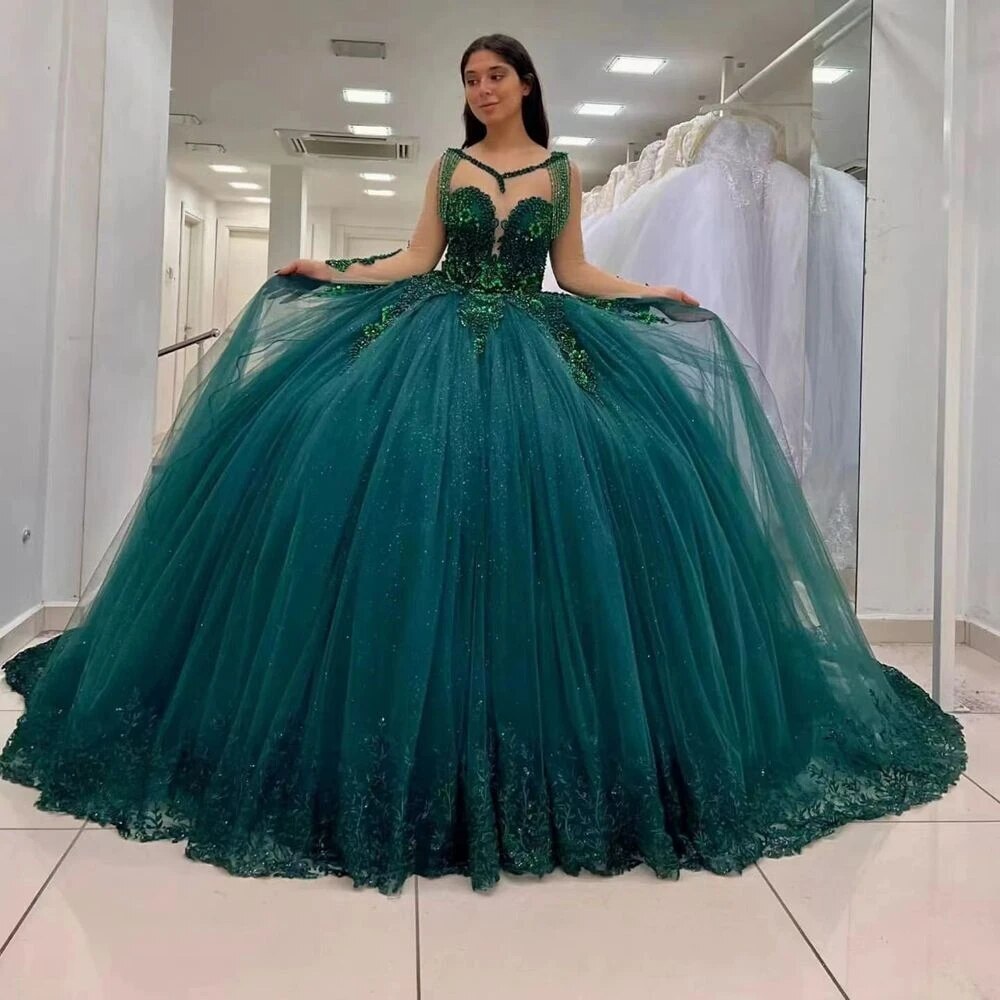 Emerald Green Beaded Glitter Tulle Ball Gown Quinceanera Dresses Sweet 16  Gown | eBay