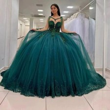 Emerald Green Beaded Glitter Tulle Ball Gown Quinceanera Dresses Sweet 16 Gown