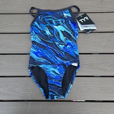 TYR DuraFast Elite Oil Slick Diamondfit 1 Pc Swim Blue Youth Girl Sz 22 New