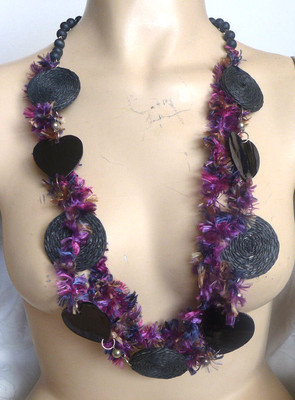 HANDMADE STATEMENT NECKLACE PURPLE FIBER ART THREAD AND BEADS NO METAL NO STONE 